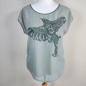DH3 Blouse‎ Womens XS Sheer Layered Bird Embroidery Seafoam Top Office Oversize